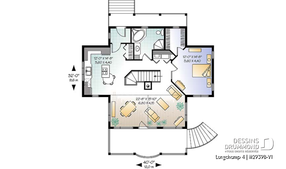 Rez-de-chaussée - Plan de chalet à la montagne ou ski, 1 à 4 chambres, séjour au sous-sol, cathédral, belle fenestration - Longchamp 4