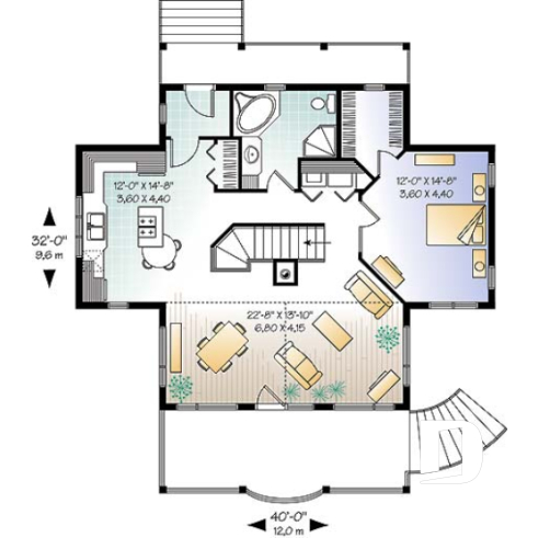 Rez-de-chaussée - Plan de chalet à la montagne ou ski, 1 à 4 chambres, séjour au sous-sol, cathédral, belle fenestration - Longchamp 4