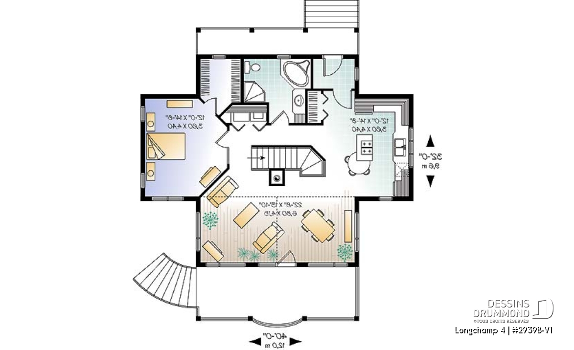 Rez-de-chaussée - Plan de chalet à la montagne ou ski, 1 à 4 chambres, séjour au sous-sol, cathédral, belle fenestration - Longchamp 4