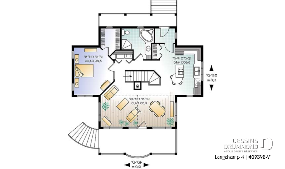 Rez-de-chaussée - Plan de chalet à la montagne ou ski, 1 à 4 chambres, séjour au sous-sol, cathédral, belle fenestration - Longchamp 4