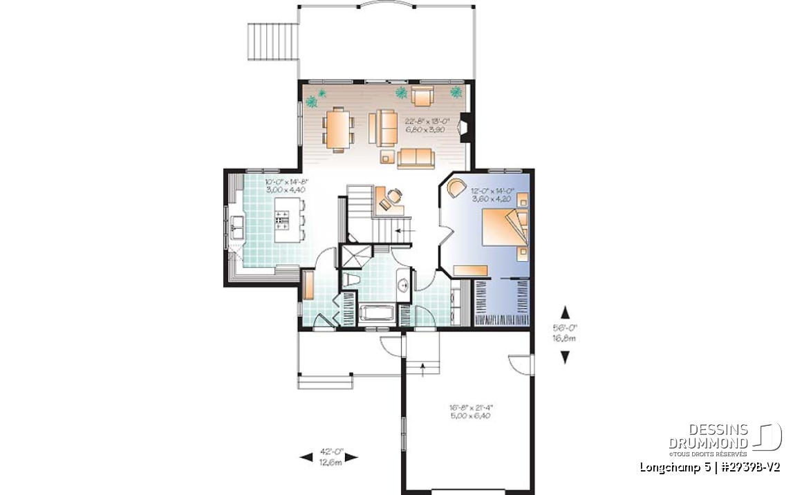 Rez-de-chaussée - Plan de chalet 1 à 3 chambres + salle de jeux, garage, grande cuisine, îlot, foyer, grande terrasse abritée  - Longchamp 5