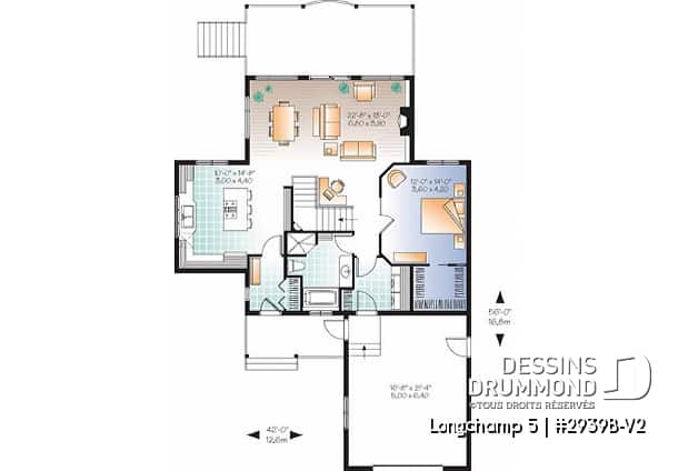 Rez-de-chaussée - Plan de chalet 3 chambres + salle de jeux, garage, grande cuisine, îlot, foyer, grande terrasse abritée  - Longchamp 5