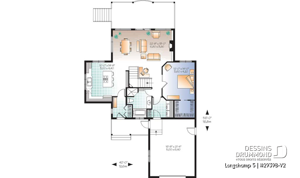 Rez-de-chaussée - Plan de chalet 1 à 3 chambres + salle de jeux, garage, grande cuisine, îlot, foyer, grande terrasse abritée  - Longchamp 5