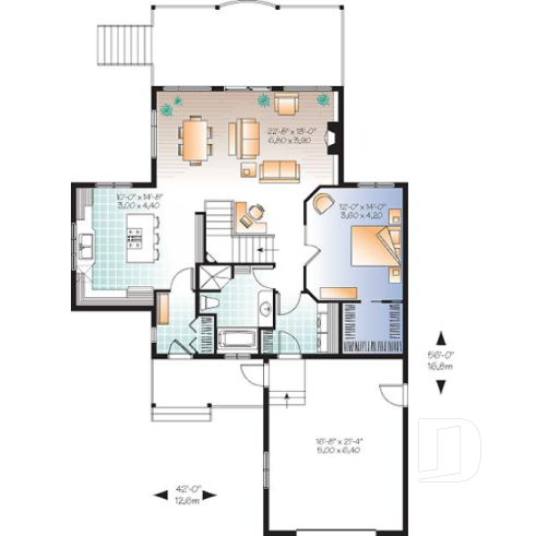 Rez-de-chaussée - Plan de chalet 1 à 3 chambres + salle de jeux, garage, grande cuisine, îlot, foyer, grande terrasse abritée  - Longchamp 5