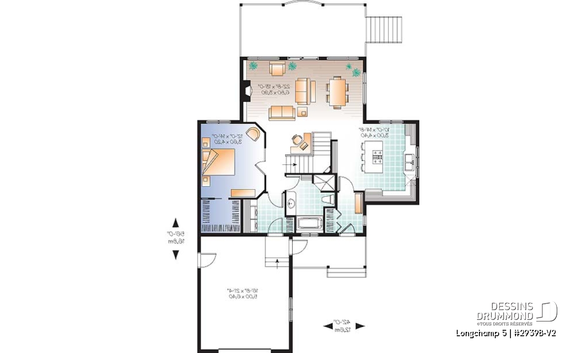 Rez-de-chaussée - Plan de chalet 1 à 3 chambres + salle de jeux, garage, grande cuisine, îlot, foyer, grande terrasse abritée  - Longchamp 5