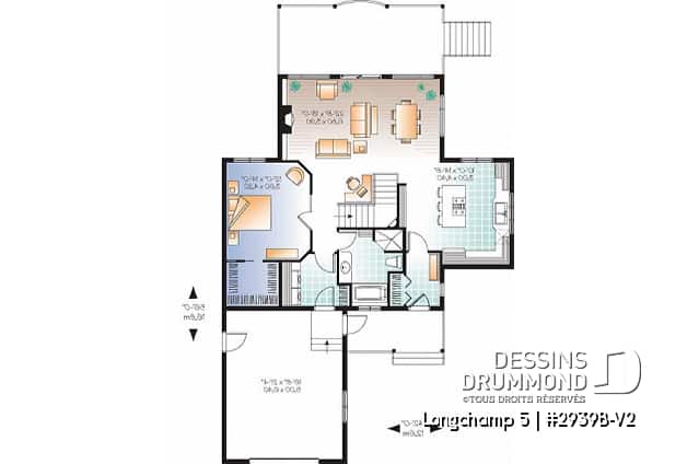 Rez-de-chaussée - Plan de chalet 3 chambres + salle de jeux, garage, grande cuisine, îlot, foyer, grande terrasse abritée  - Longchamp 5