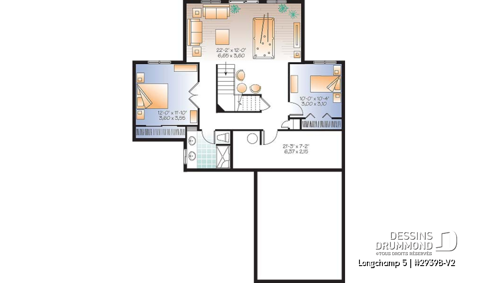 Sous-sol - Plan de chalet 1 à 3 chambres + salle de jeux, garage, grande cuisine, îlot, foyer, grande terrasse abritée  - Longchamp 5
