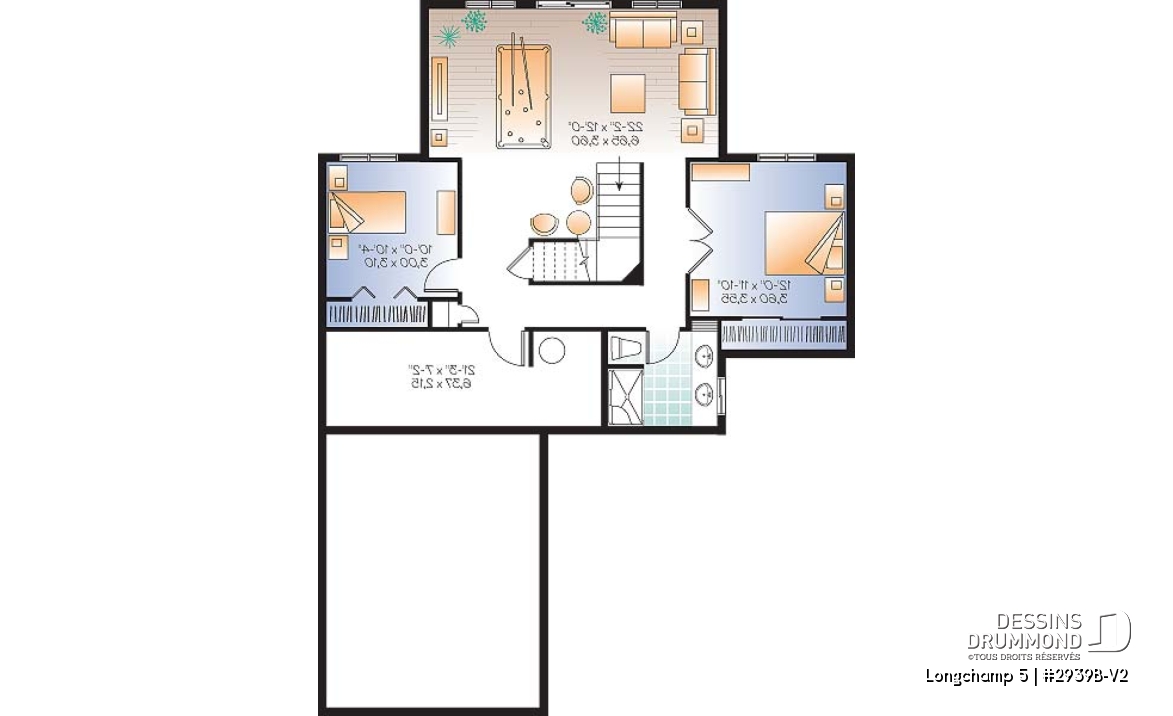 Sous-sol - Plan de chalet 1 à 3 chambres + salle de jeux, garage, grande cuisine, îlot, foyer, grande terrasse abritée  - Longchamp 5