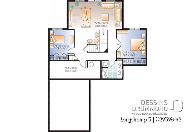 Sous-sol - Plan de chalet 3 chambres + salle de jeux, garage, grande cuisine, îlot, foyer, grande terrasse abritée  - Longchamp 5
