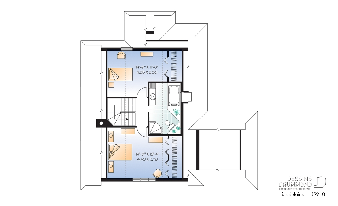 Étage - Plan de maison/chalet 2 grande chambres, abri moustiquaire, fenestration abondante, foyer à la salle de séjour - Madelaine 