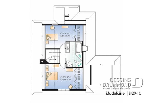 Étage - Plan de maison/chalet 2 grande chambres, abri moustiquaire, fenestration abondante, foyer à la salle de séjour - Madelaine 