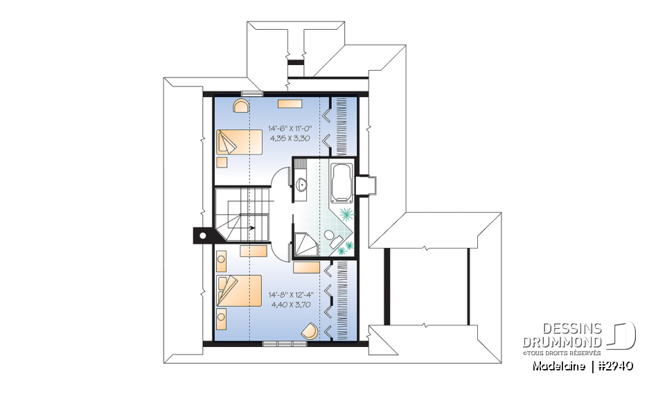 Étage - Plan de maison/chalet 2 grande chambres, abri moustiquaire, fenestration abondante, foyer à la salle de séjour - Madelaine 
