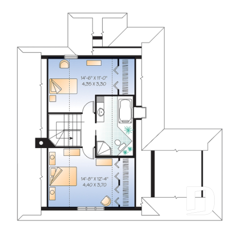 Étage - Plan de maison/chalet 2 grande chambres, abri moustiquaire, fenestration abondante, foyer à la salle de séjour - Madelaine 