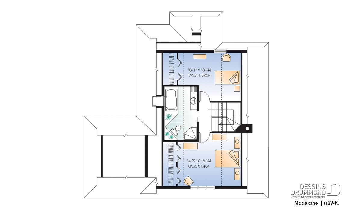 Étage - Plan de maison/chalet 2 grande chambres, abri moustiquaire, fenestration abondante, foyer à la salle de séjour - Madelaine 