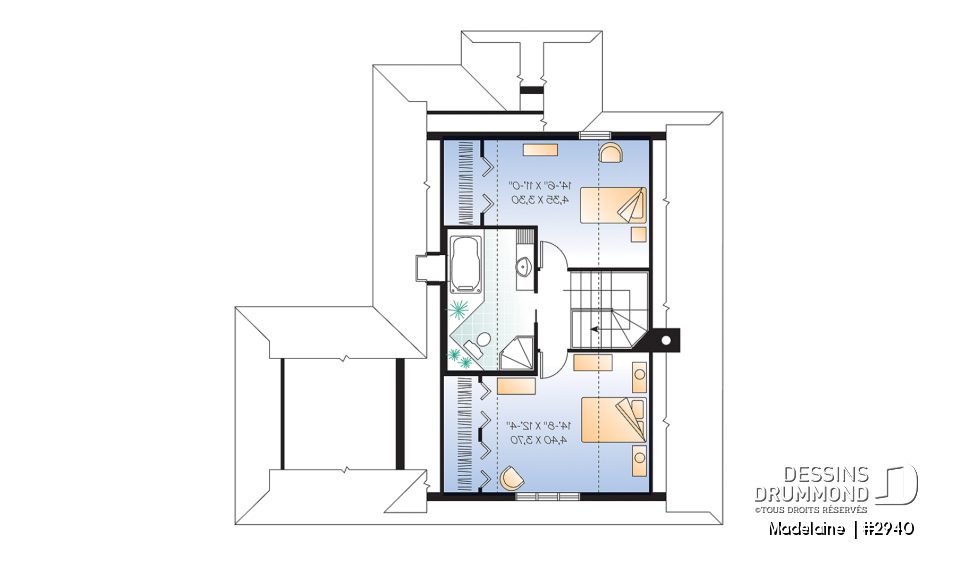 Étage - Plan de maison/chalet 2 grande chambres, abri moustiquaire, fenestration abondante, foyer à la salle de séjour - Madelaine 