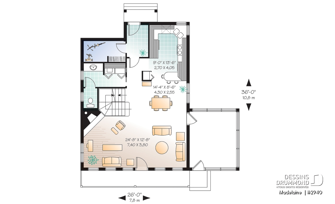 Rez-de-chaussée - Plan de maison/chalet 2 grande chambres, abri moustiquaire, fenestration abondante, foyer à la salle de séjour - Madelaine 