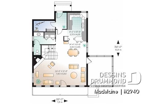 Rez-de-chaussée - Plan de maison/chalet 2 grande chambres, abri moustiquaire, fenestration abondante, foyer à la salle de séjour - Madelaine 