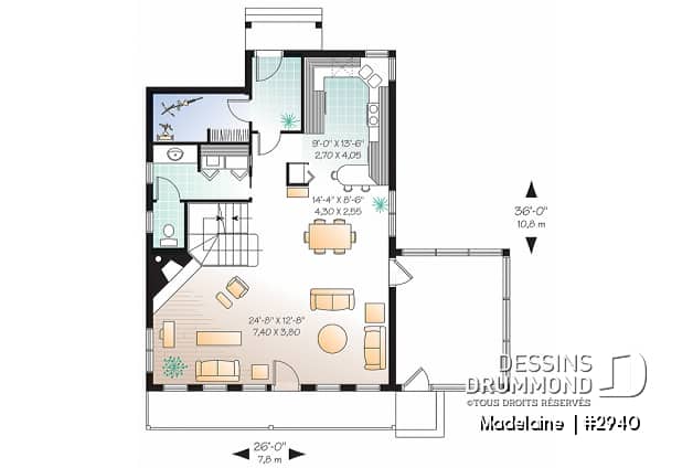 Rez-de-chaussée - Plan de maison/chalet 2 grande chambres, abri moustiquaire, fenestration abondante, foyer à la salle de séjour - Madelaine 