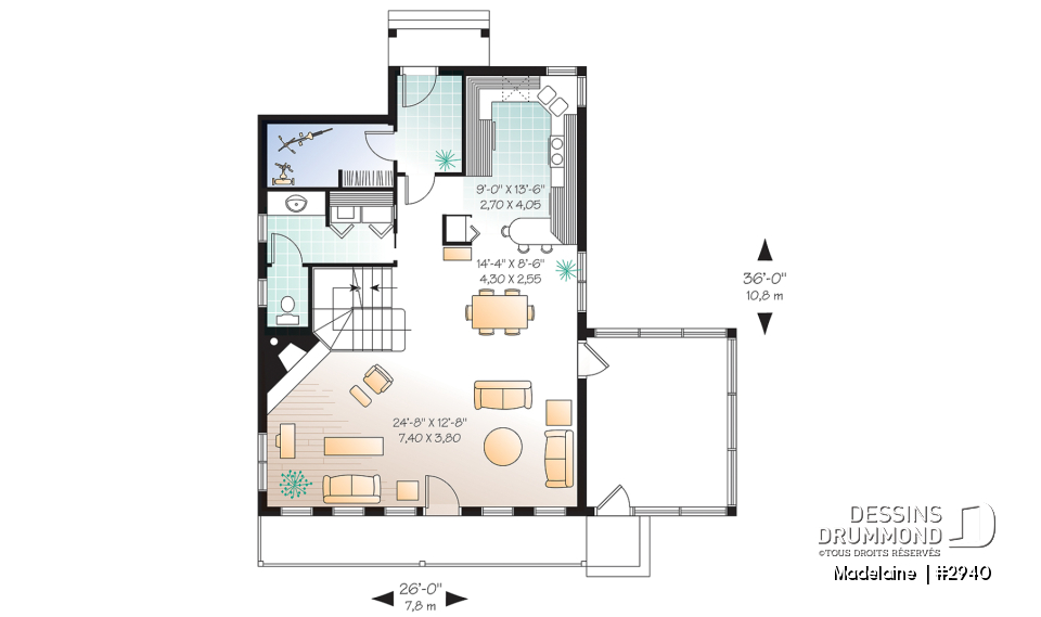 Rez-de-chaussée - Plan de maison/chalet 2 grande chambres, abri moustiquaire, fenestration abondante, foyer à la salle de séjour - Madelaine 