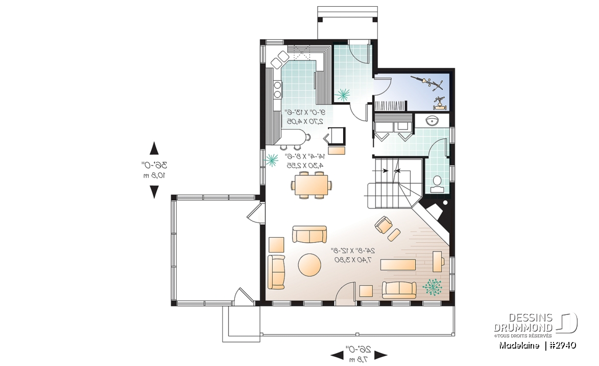 Rez-de-chaussée - Plan de maison/chalet 2 grande chambres, abri moustiquaire, fenestration abondante, foyer à la salle de séjour - Madelaine 