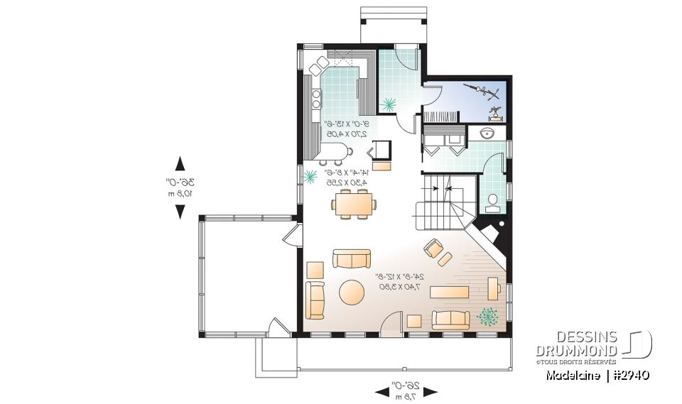 Rez-de-chaussée - Plan de maison/chalet 2 grande chambres, abri moustiquaire, fenestration abondante, foyer à la salle de séjour - Madelaine 
