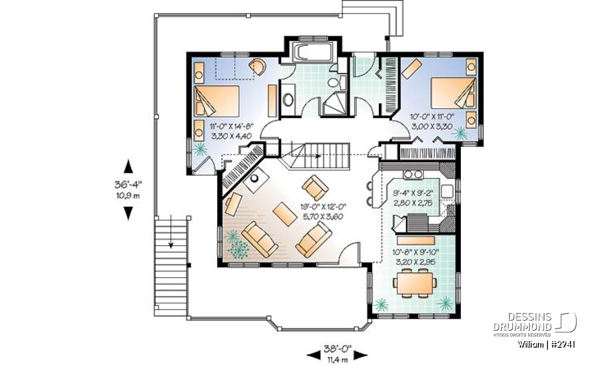 Rez-de-chaussée - Plan de maison genre chalet avec plafond cathédrale, suite des maîtres, grande terrasse, sous-sol à aménager - William