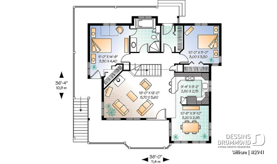 Rez-de-chaussée - Plan de maison genre chalet avec plafond cathédrale, suite des maîtres, grande terrasse, sous-sol à aménager - William