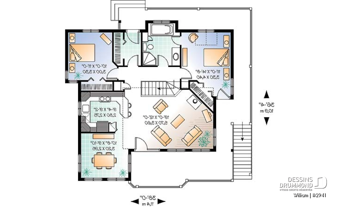 Rez-de-chaussée - Plan de maison genre chalet avec plafond cathédrale, suite des maîtres, grande terrasse, sous-sol à aménager - William