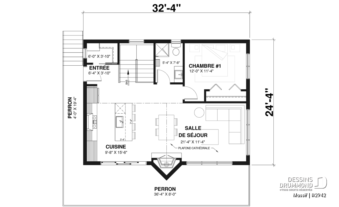 Rez-de-chaussée - Plan de chalet avec rez-de-jardin, 1 à 3 chambres, foyer, plafond cathédrale, pour terrain avec vue - Massif