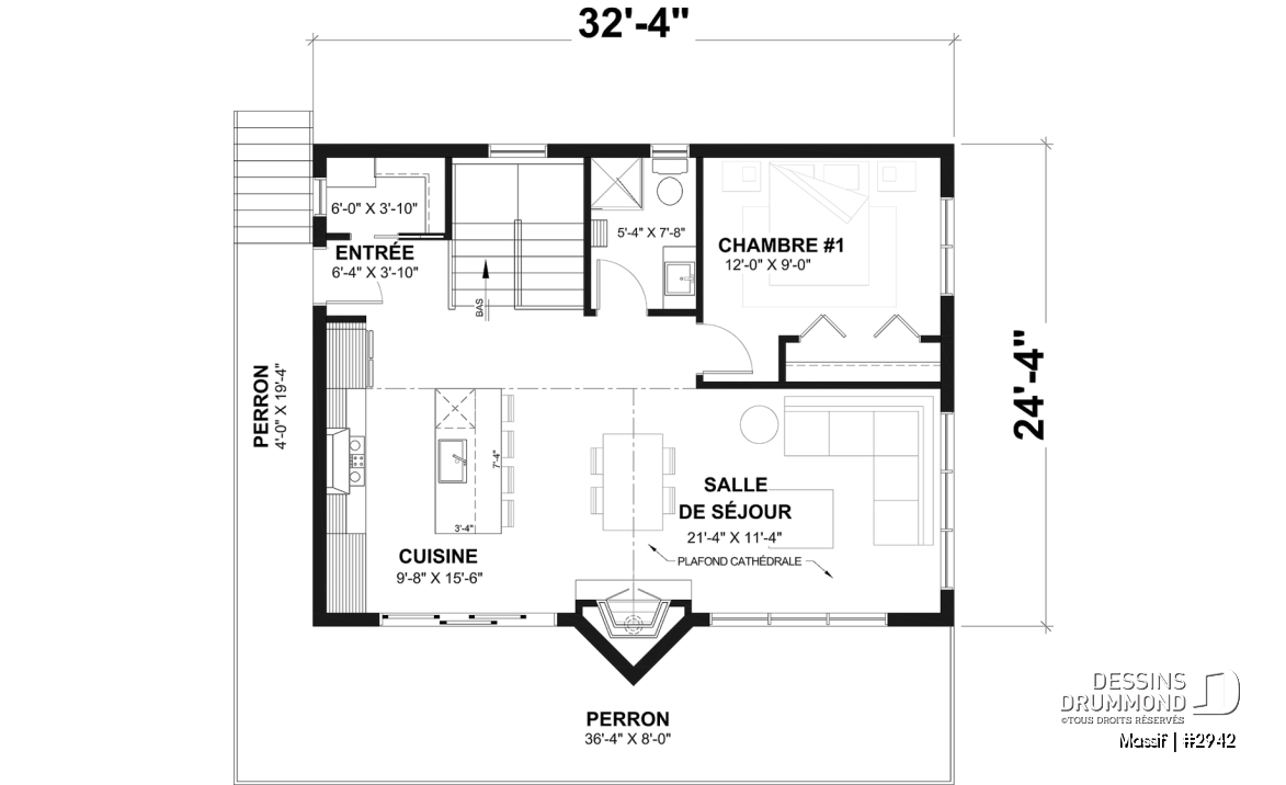 Rez-de-chaussée - Plan de chalet avec rez-de-jardin, 1 à 3 chambres, foyer, plafond cathédrale, pour terrain avec vue - Massif