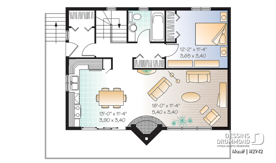 Rez-de-chaussée - Modèle de chalet avec plancher 1 à 3 chambres, vue panoramique, espace ouvert, grand foyer &amp; superbe terrasse - Massif