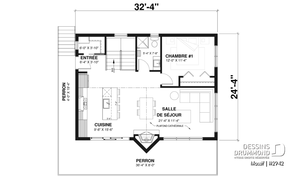 Rez-de-chaussée - Plan de chalet avec rez-de-jardin, 1 à 3 chambres, foyer, plafond cathédrale, pour terrain avec vue - Massif