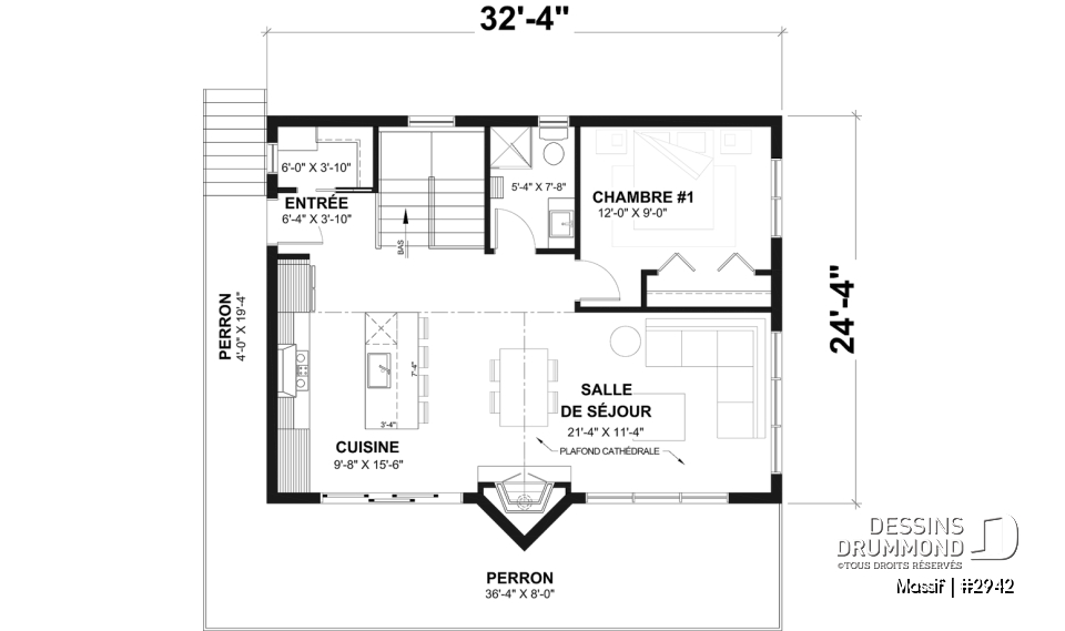 Rez-de-chaussée - Plan de chalet avec rez-de-jardin, 1 à 3 chambres, foyer, plafond cathédrale, pour terrain avec vue - Massif