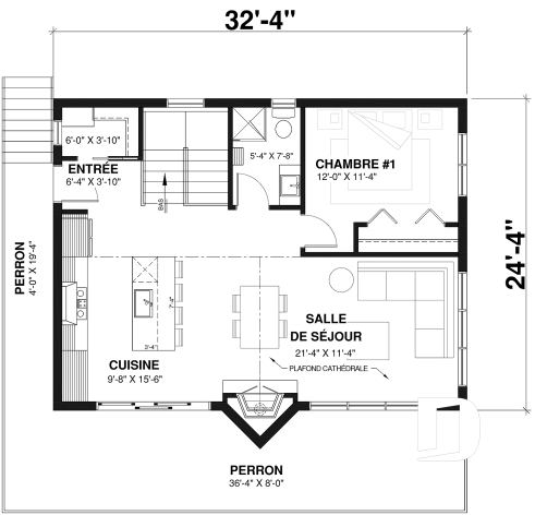 Rez-de-chaussée - Plan de chalet avec rez-de-jardin, 1 à 3 chambres, foyer, plafond cathédrale, pour terrain avec vue - Massif