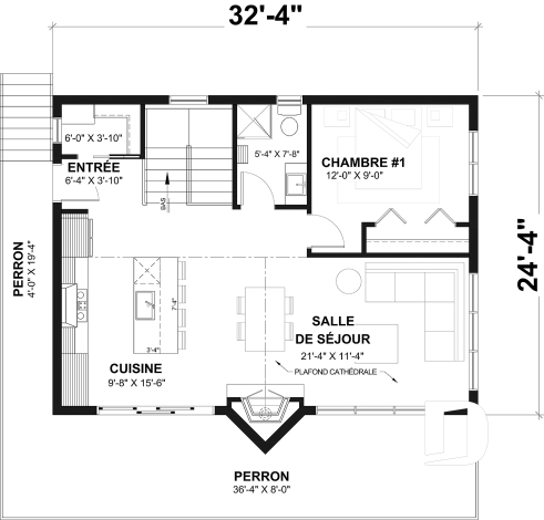 Rez-de-chaussée - Plan de chalet avec rez-de-jardin, 1 à 3 chambres, foyer, plafond cathédrale, pour terrain avec vue - Massif