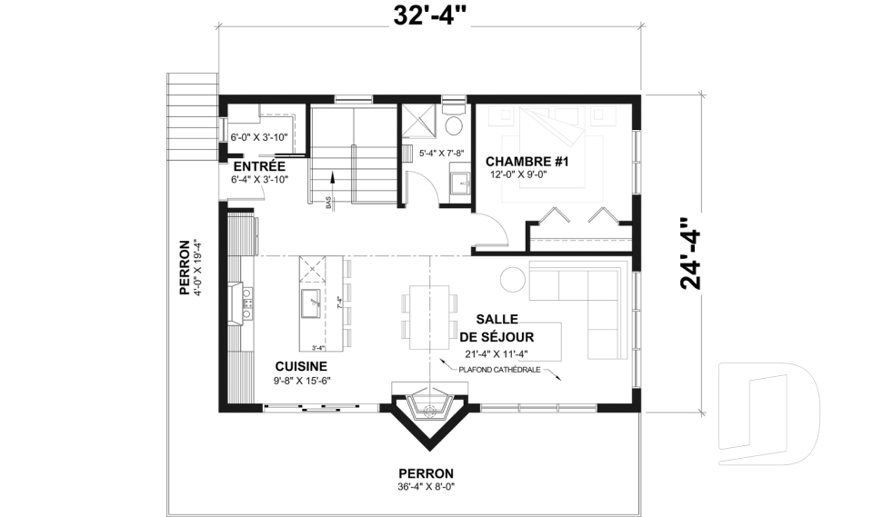Rez-de-chaussée - Plan de chalet avec rez-de-jardin, 1 à 3 chambres, foyer, plafond cathédrale, pour terrain avec vue - Massif