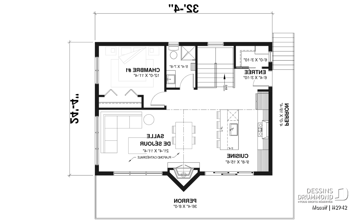 Rez-de-chaussée - Plan de chalet avec rez-de-jardin, 1 à 3 chambres, foyer, plafond cathédrale, pour terrain avec vue - Massif