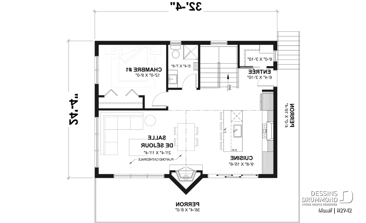 Rez-de-chaussée - Plan de chalet avec rez-de-jardin, 1 à 3 chambres, foyer, plafond cathédrale, pour terrain avec vue - Massif