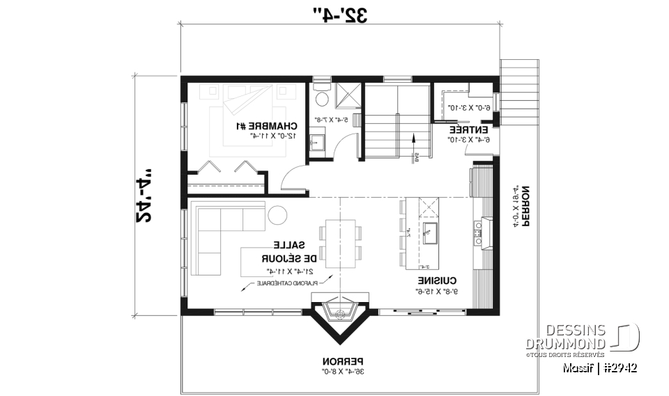 Rez-de-chaussée - Plan de chalet avec rez-de-jardin, 1 à 3 chambres, foyer, plafond cathédrale, pour terrain avec vue - Massif