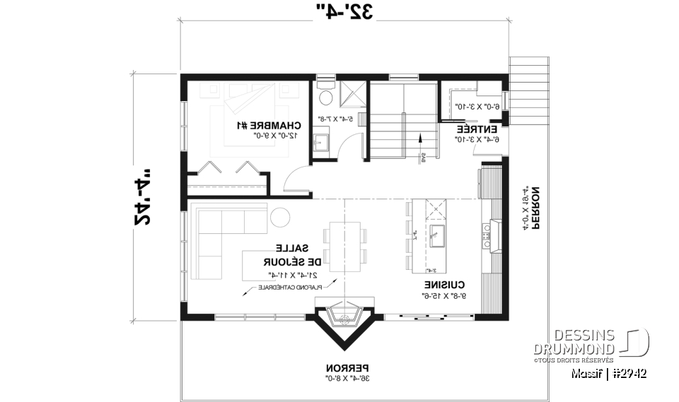 Rez-de-chaussée - Plan de chalet avec rez-de-jardin, 1 à 3 chambres, foyer, plafond cathédrale, pour terrain avec vue - Massif