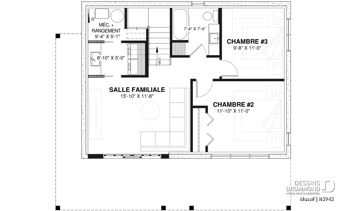 Sous-sol - Plan de chalet avec rez-de-jardin, 1 à 3 chambres, foyer, plafond cathédrale, pour terrain avec vue - Massif