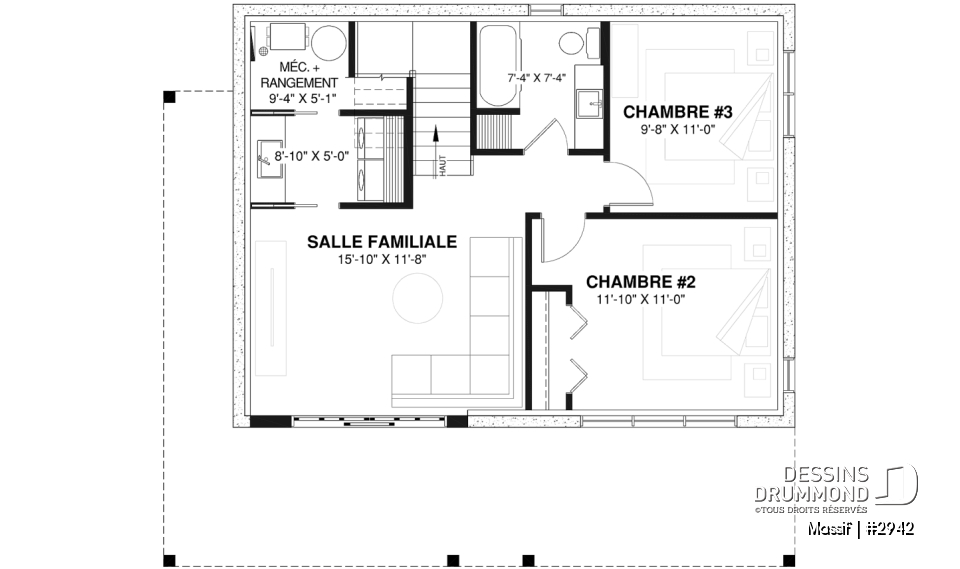 Sous-sol - Plan de chalet avec rez-de-jardin, 1 à 3 chambres, foyer, plafond cathédrale, pour terrain avec vue - Massif