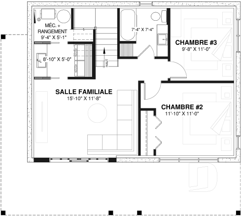 Sous-sol - Plan de chalet avec rez-de-jardin, 1 à 3 chambres, foyer, plafond cathédrale, pour terrain avec vue - Massif