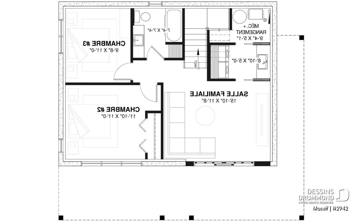 Sous-sol - Plan de chalet avec rez-de-jardin, 1 à 3 chambres, foyer, plafond cathédrale, pour terrain avec vue - Massif