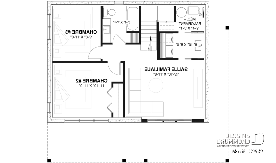 Sous-sol - Plan de chalet avec rez-de-jardin, 1 à 3 chambres, foyer, plafond cathédrale, pour terrain avec vue - Massif