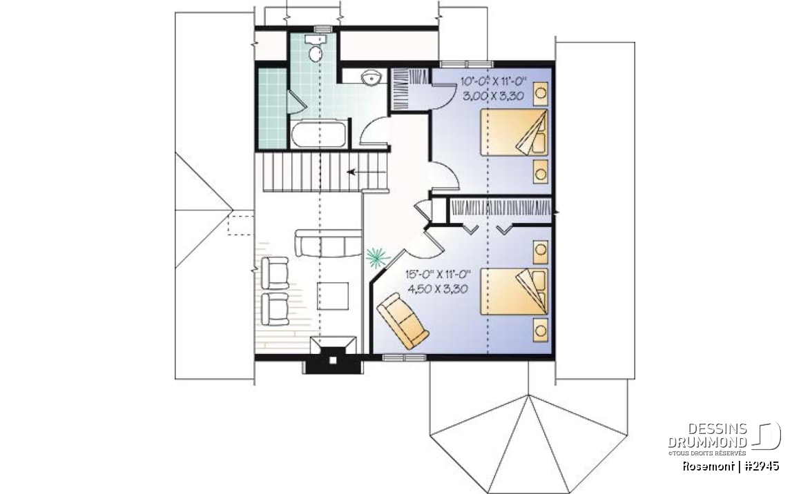 Étage - Plan de maison ou chalet, 3 chambres dont une au rez-de-chaussée, 2 s. bain, mezzanine, foyer, espace ouvert - Rosemont