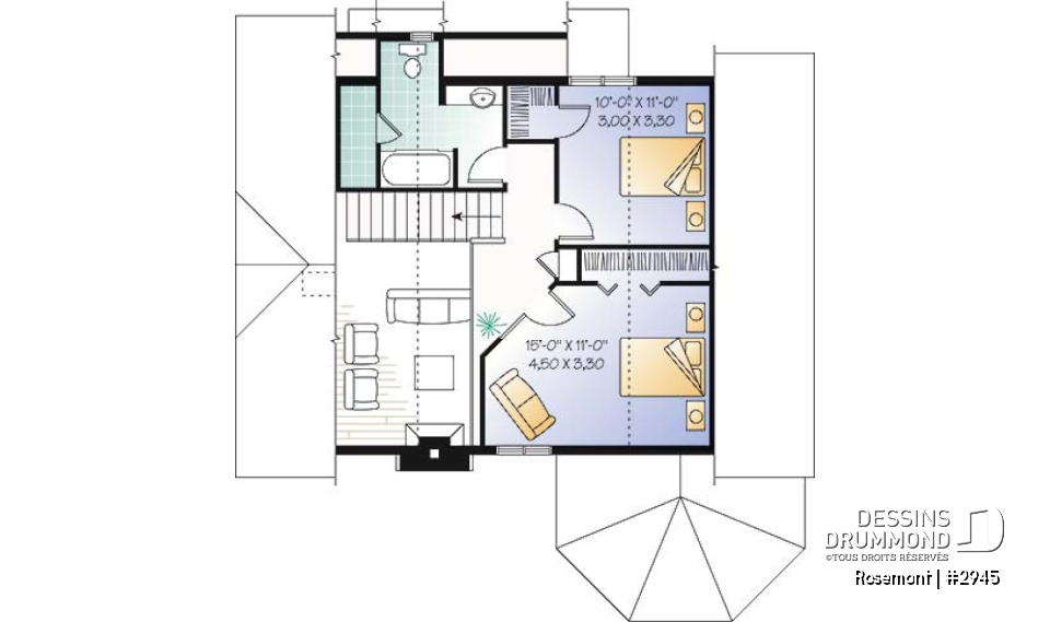 Étage - Plan de maison ou chalet, 3 chambres dont une au rez-de-chaussée, 2 s. bain, mezzanine, foyer, espace ouvert - Rosemont