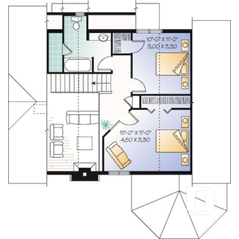 Étage - Plan de maison ou chalet, 3 chambres dont une au rez-de-chaussée, 2 s. bain, mezzanine, foyer, espace ouvert - Rosemont