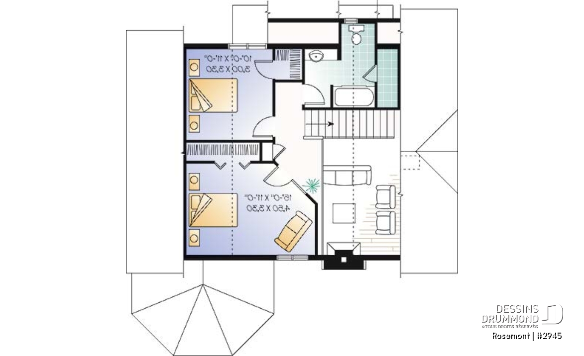 Étage - Plan de maison ou chalet, 3 chambres dont une au rez-de-chaussée, 2 s. bain, mezzanine, foyer, espace ouvert - Rosemont