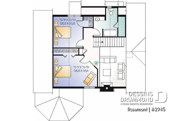 Étage - Plan de maison ou chalet, 3 chambres dont une au rez-de-chaussée, 2 s. bain, mezzanine, foyer, espace ouvert - Rosemont